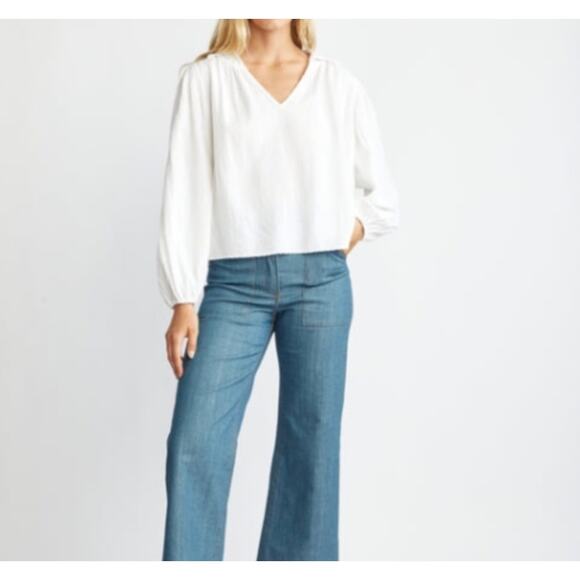 Self Contrast Womens Tracy Blouse Top Size XL Linen Blend Seersucker White - Picture 2 of 7